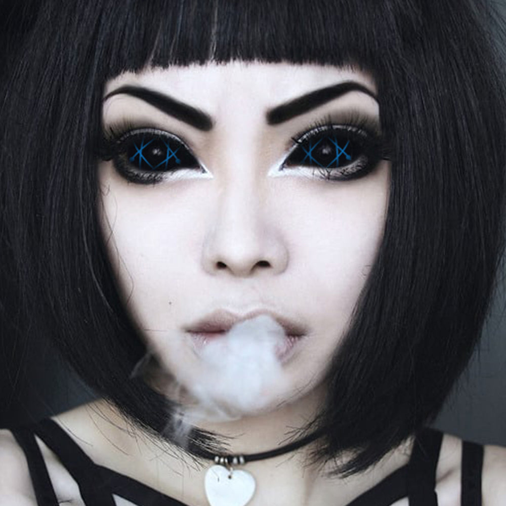 Model are wearing Blue Star Trails Sclera Lenses
