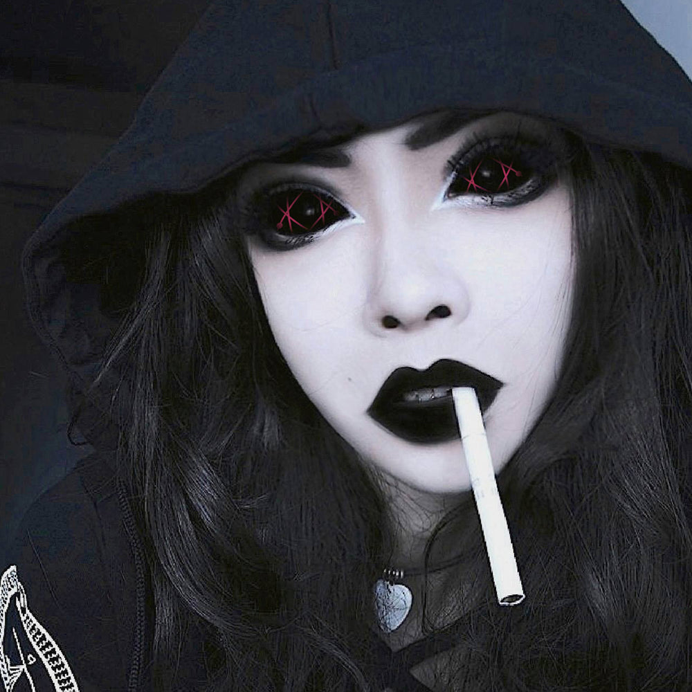 Model are wearing Red Star Trails Sclera Lenses